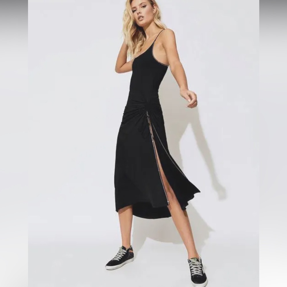 Black Ruched Side-Zip Midi Slip Dress